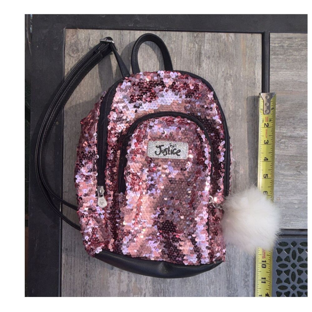 Justice Pink Sequin Small Girls Backpack with Pom Pom & Adjustable Straps